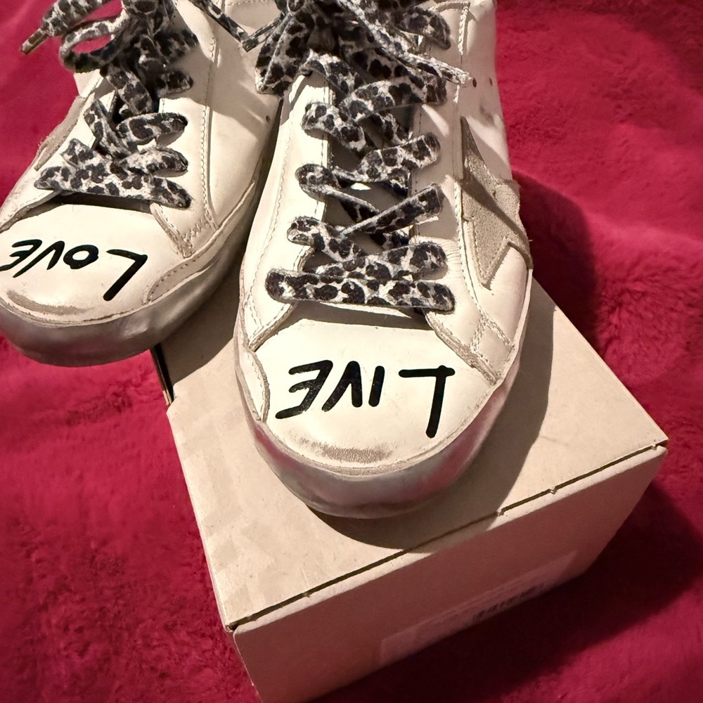 Golden Goose White Sneakers with Leopard Laces and Silver Star